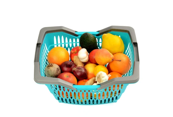 Blue plastic shopping basket full of groceries. — Stock Photo, Image