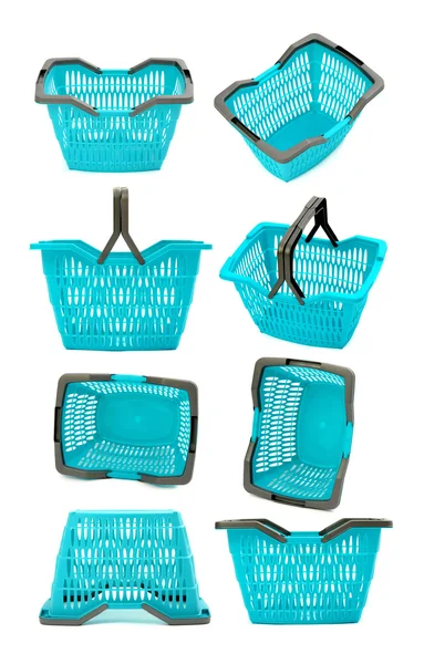 Blauw plastic winkelen mand collage. — Stockfoto