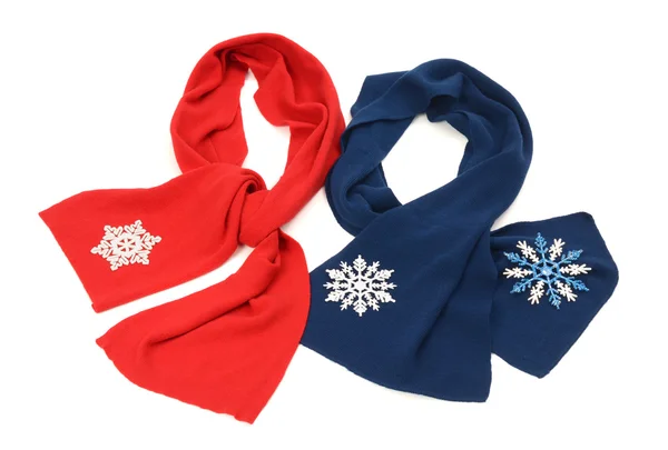 Red and dark blue scarf decorated with snowflakes. — Stock Photo, Image