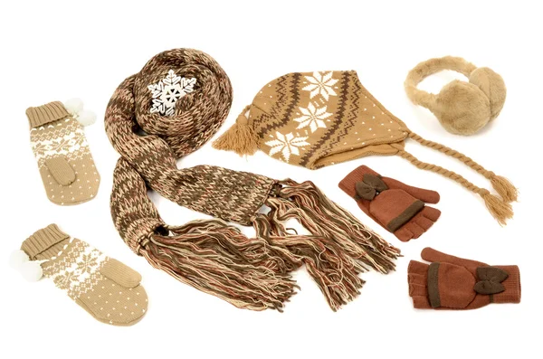 Brown winter accessories isolated on white background. — Stock Photo, Image