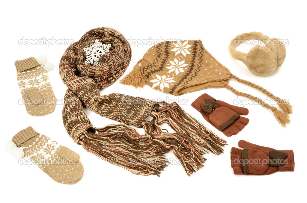 Brown winter accessories isolated on white background.