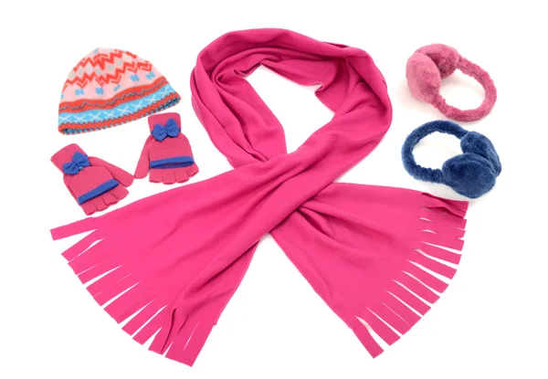Pink and blue winter accessories isolated on white background. — Stock Photo, Image