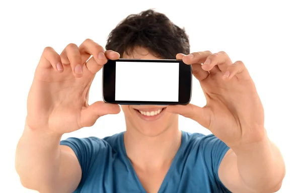 Unbekannter macht Selfie-Foto mit seinem Smartphone. — Stockfoto