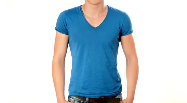 Unrecognizable man wearing blank blue v neck t-shirt. — Stock Photo, Image