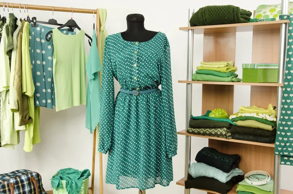 Omhoog het kleden van kast met groene kleren gerangschikt op ruimte voor hangers en een plank, jurk op een mannequin. — Stockfoto