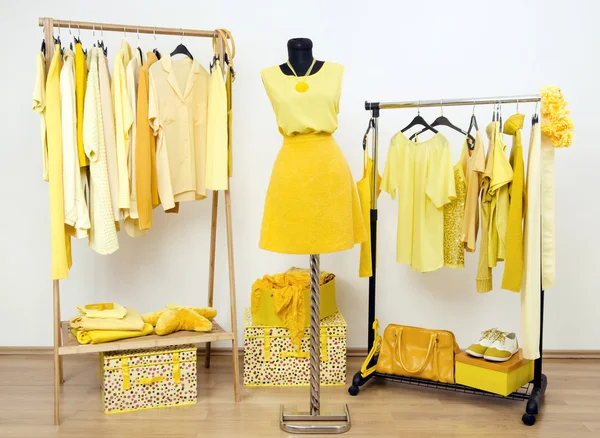 Dressing closet with yellow clothes arranged on hangers and an outfit on a mannequin. — Stock Photo, Image