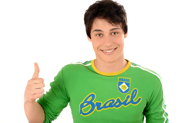 Happy Brazilian man signing thumbs up for Brazil. — Stock Photo, Image