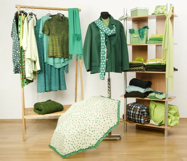 Dressing closet with green clothes arranged on hangers and shelf. — Stock Photo, Image