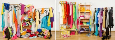 Wardrobe before messy after tidy arranged by colors. clipart