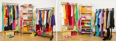 Wardrobe before nicely arranged randomly and after arranged by colors. clipart