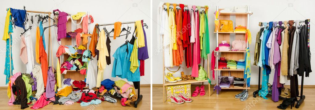 Wardrobe before messy after tidy arranged by colors.