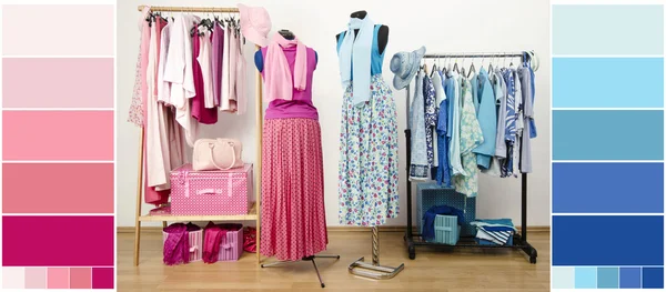 Wardrobe with blue and pink clothes, shoes and accessories with color samples. — Stock Photo, Image