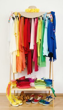 Wardrobe with summer clothes nicely arranged by colors. clipart
