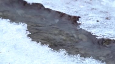 Kuzey Kafkasya, Ingushetia Cumhuriyeti 'nin Guloykhi vadisindeki Guloykhi nehrinin bir kolunda buzla hızlı akan su.