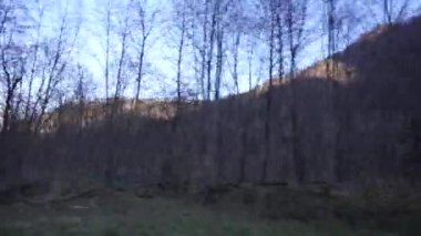 Dzheyrakhsky geçidinde sonbaharda ağaçlar ve kırlangıçlarla kaplı yoldan gelen Panorama, Ingushetia, Kuzey Kafkasya