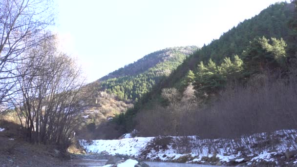 去年秋天 在北高加索印古什古洛希峡谷的高山上 古洛希河谷全景一片 山上覆盖着针叶树和雪 — 图库视频影像