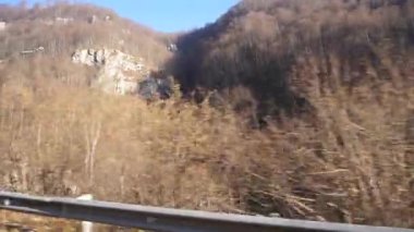 Dzheirakhsky Vadisi 'nin panoraması dağlarla ve hareket halindeki Ingushetia, Kuzey Kafkasya' daki sonbahar ağaçlarıyla kaplı.