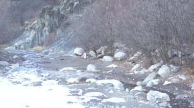 Kayalık dağların manzarası ve Guloyhi nehrinin karlı, ağaçlı ve taşlı bir kolu Ingushetia Cumhuriyeti Guloykhi Vadisi, Kuzey Kafkasya 'da.