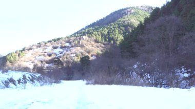 Guloyhi nehri vadisindeki karlı dağların manzarası. Sonbaharda Guloykhi Vadisi, Ingushetia, Kuzey Kafkasya 'da kozalaklı ağaçlar ve karla kaplı.