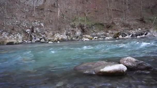 Pohled Horskou Ledovcovou Řeku Assu Rychle Tekoucí Ledovcovou Modrou Vodou — Stock video