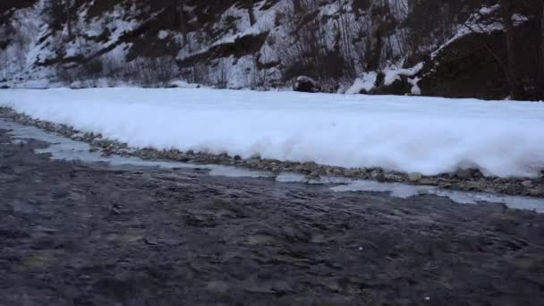 Vista Orilla Caudaloso Agua Del Río Guloyhi Con Hielo Árboles — Vídeos de Stock