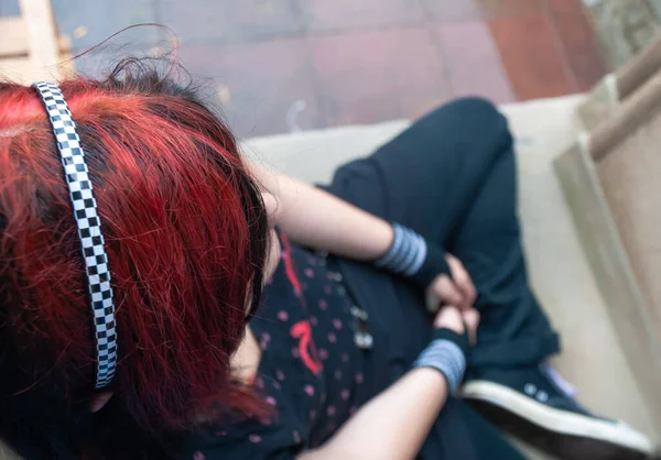 Punk Emo Girl Young Adult Black Red Hair Sitting Window — Stock Photo, Image