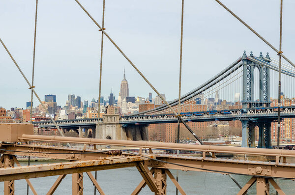 Manhattan Bridge with Brooklyn Bridge in forefront, New York City