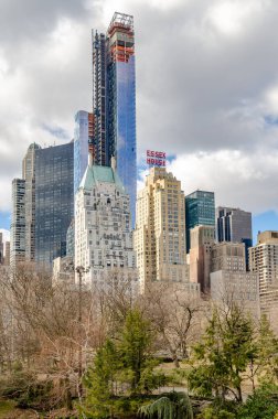Essex Binası ve diğer gökdelenler, bulutlu bir kış gününde Manhattan 'ın silüeti, New York şehri, ağaçlar ve Central Park ön cephede, dikey