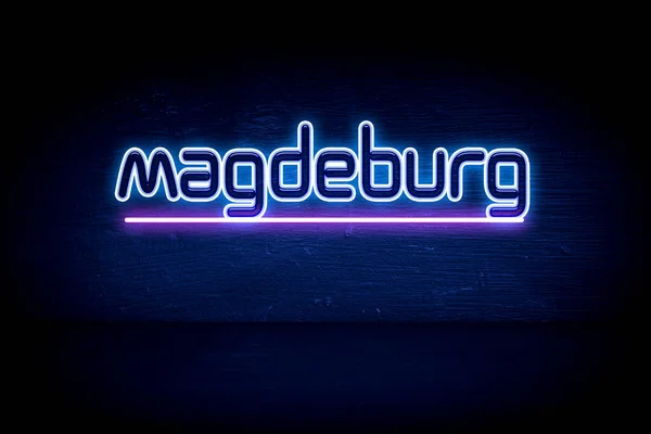 Magdeburg Blå Neon Tillkännagivande Skylt — Stockfoto