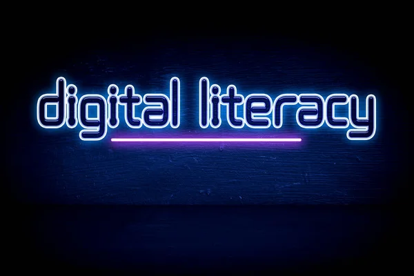 Digital Literacy Papan Nama Pengumuman Neon Biru — Stok Foto