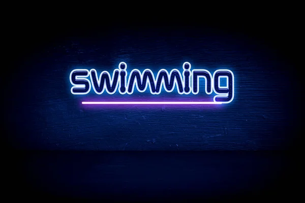 Nuoto Cartello Blu Neon — Foto Stock