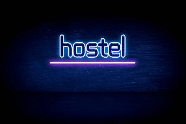 Hostel Papan Nama Pengumuman Neon Biru — Stok Foto