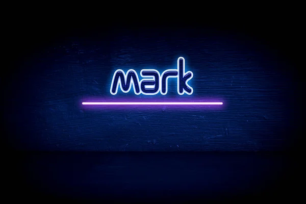 Mark Blauw Neon Aankondiging Signboard — Stockfoto