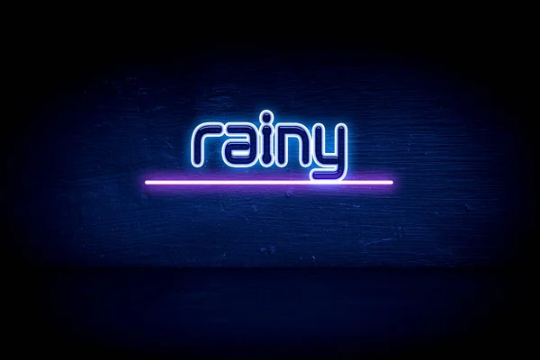 Rainy Placa Anúncio Néon Azul — Fotografia de Stock