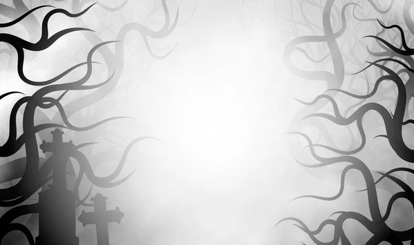 Страшное Кладбище Хэллоуина Жутком Лесу Туман Покрыл Яркий Свет Светит — стоковое фото