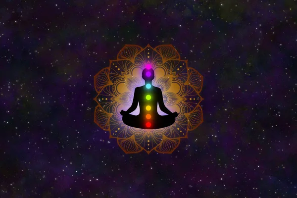 Silhouette Uomo Meditazione Sette Chakra Mandala Oro Nello Sfondo Fantasia — Foto Stock