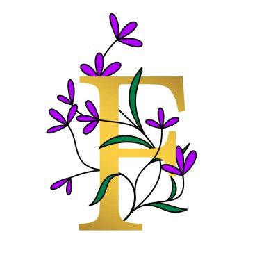 Beyaz arkaplanda altın ve çiçekli alfabe F çizimi.