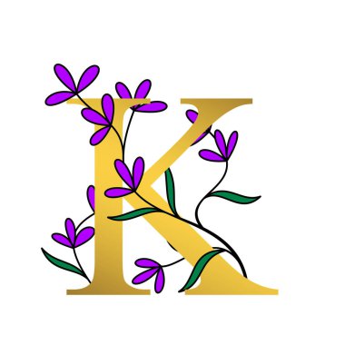 Beyaz arkaplanda altın ve çiçekli alfabe K çizimi.