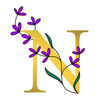 Beyaz arkaplanda altın ve çiçekli alfabe N çizimi.