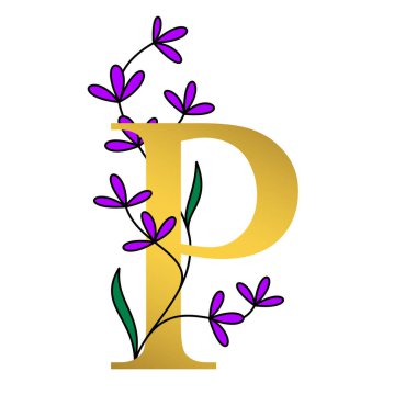 Beyaz arkaplanda altın ve çiçek tasarımı alfabesi P illüstrasyonu.