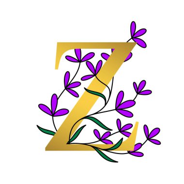 Beyaz arkaplanda altın ve çiçekli alfabe Z çizimi.