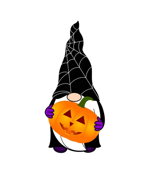 Halloween Gnome Tient Une Citrouille Dans Ses Mains Porte Costume — Photo