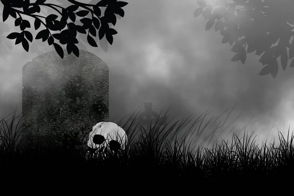 Halál Koponyája Feküdt Földön Évjárat Sírköve Előtt Temetőben Halloween Kísérteties — Stock Fotó