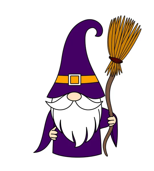 紫色服装中的魔法师侏儒与他的扫帚 用于白色背景下的半圆形设计概念 — 图库照片