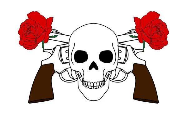 Head of death with guns and roses, graphic design on white background.