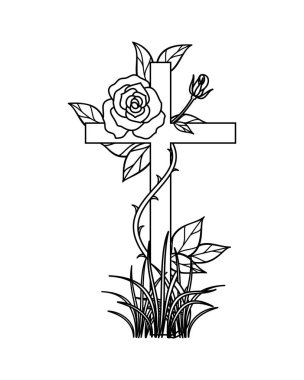 Cross and rose over graveyard. Wild rose grow up over graveyard and slither christ cross, some grass grow on the ground.