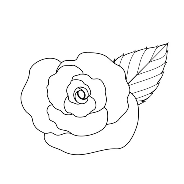Rose and leaf outline graphic design on white background.
