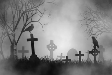 Scary night in haunted cemetery with two ravens on gravestones.