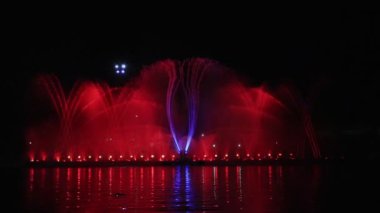 Kutlama festivalinde dans eden renkli çeşme. Karanlık gökyüzü arkaplanlı..
