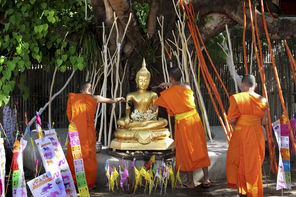 Songkran festival, buddhistisk munk hälla till buddha staty. — Stockfoto